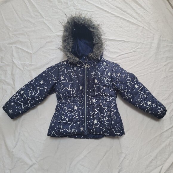 R1881 S. Rothschild Puffer Jacket Hooded Fur Trim Silver Foil Stars Navy 4T - Picture 1 of 9